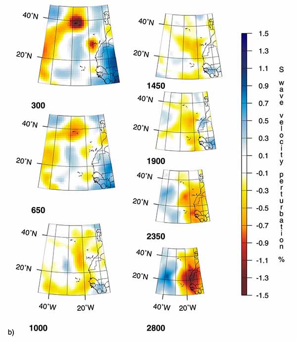 Трехмерный вид мантийных плюмов под горячими точками Азорские острова (AZ), Канарские острова (CN), Кабо-Верде (CV) по данным томографии на S-волнах.