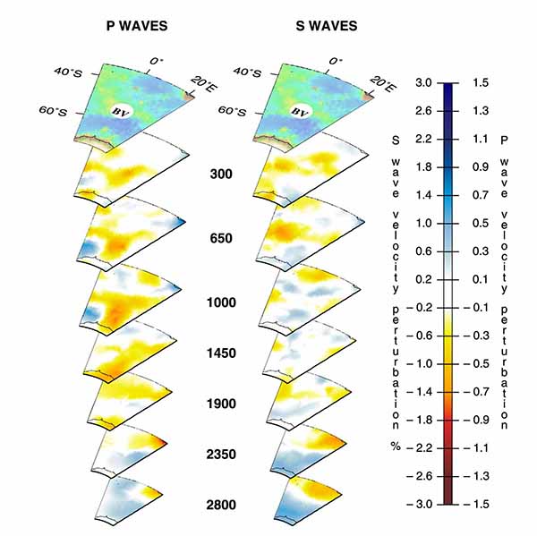 Трехмерный вид мантийных плюмов под горячими точками Буве (Bouvet), Шона (Shona) по данным томографии на P-волнах (слева) и S-волнах (справа).
