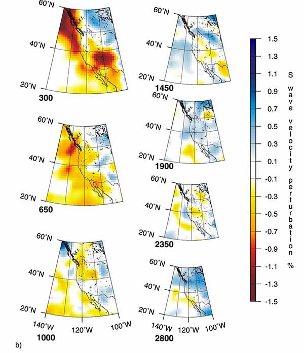 Горизонтальные сечения трехмерных мантийных плюмов по данным томографии на S-волнах под горячими точками Боуи, Хуан-де-Фука/Кобб, Йеллоустоун.