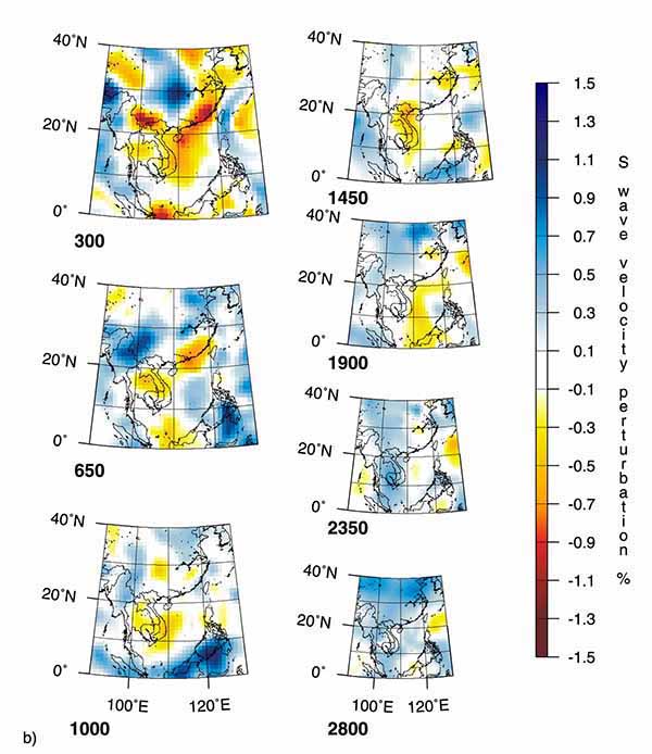 Горизонтальные сечения трехмерных мантийных плюмов по данным томографии на S-волнах под горячей точкой Хайнань (HN).