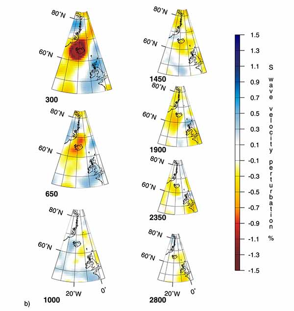 Горизонтальные сечения трехмерных мантийных плюмов по данным томографии на S-волнах под горячей точкой Исландия (IC).